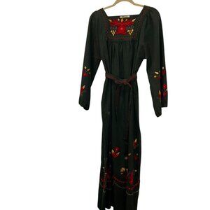 Vintage Ecuadorian Forest Green Embroidered Wedding tunic dress M